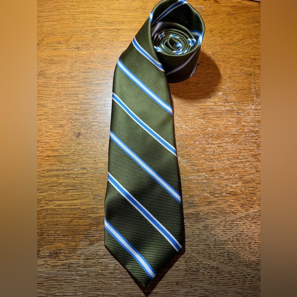 Brooks Brothers Ribbed Textured Diagonal Stripe Olive‎ Green Blue Silk Neck Tie